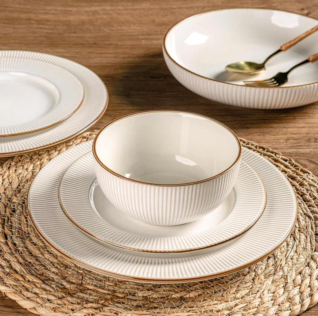 Ceramic Dinnerware Sets,12 pcs Embossed Elegant Stoneware Plates and Bowls Sets