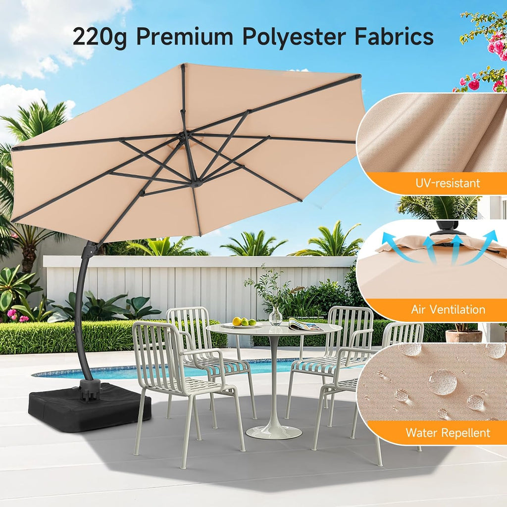 11 FT Outdoor Patio Umbrella with Base, Aluminium Curved Cantilever Umbrella