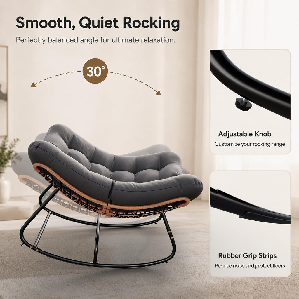 Papasan Rocking Chair Outdoor Oversized Rocker with 5" Cushion, 450 lbs Wicker Egg Recliner Chair Metal Patio Chair