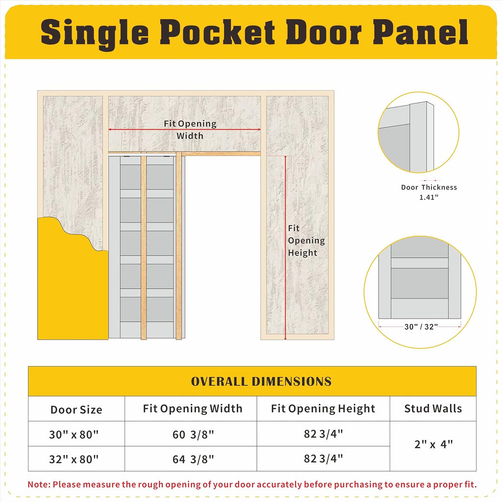 Sliding Pocket Door 32" x 80" - 5 Lites Tempered Frosted Glass Panels, Interior & Closet Single Door