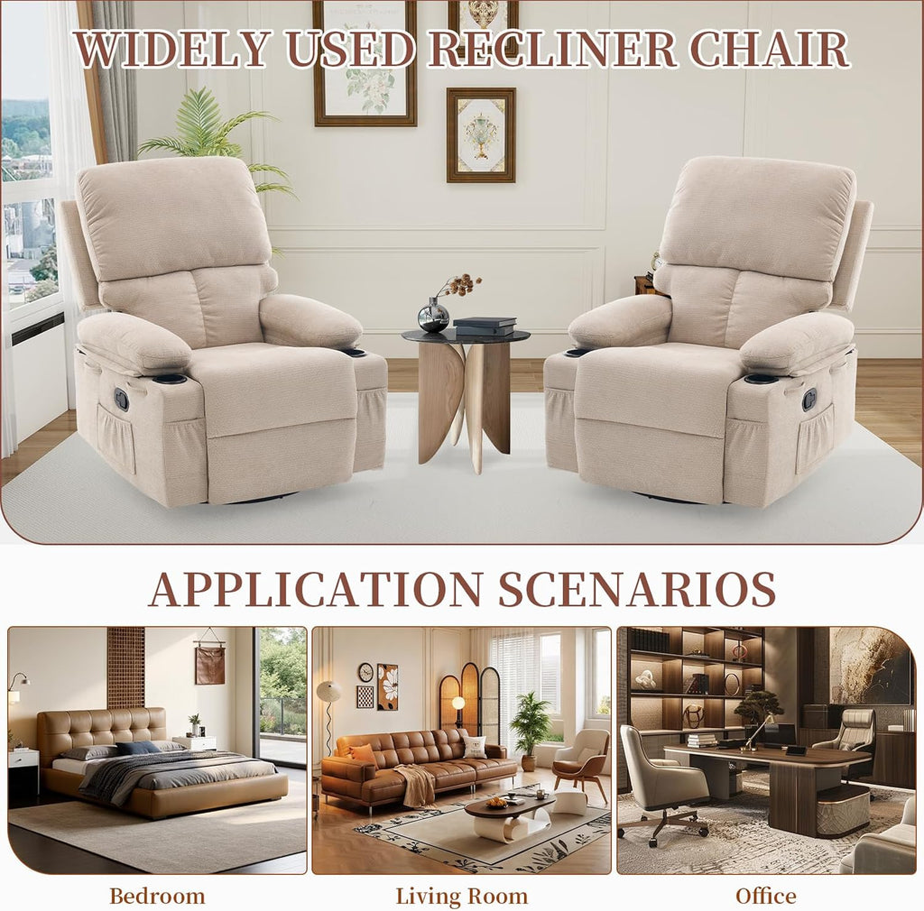 Recliner Chair for Adults, Nursery Glider Recliner with Massage and Heat, 360° Swivel Rocker Recliner, Manual