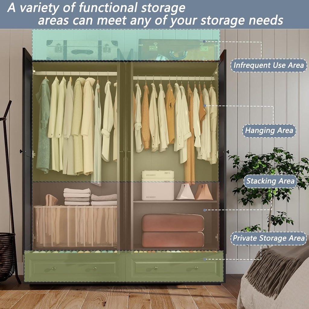 Armoire Wardrobe Closet with Drawers: 74" Black Tall Wardrobe Cabinet with Hanging Rod, Wooden Closet with 4 Doors