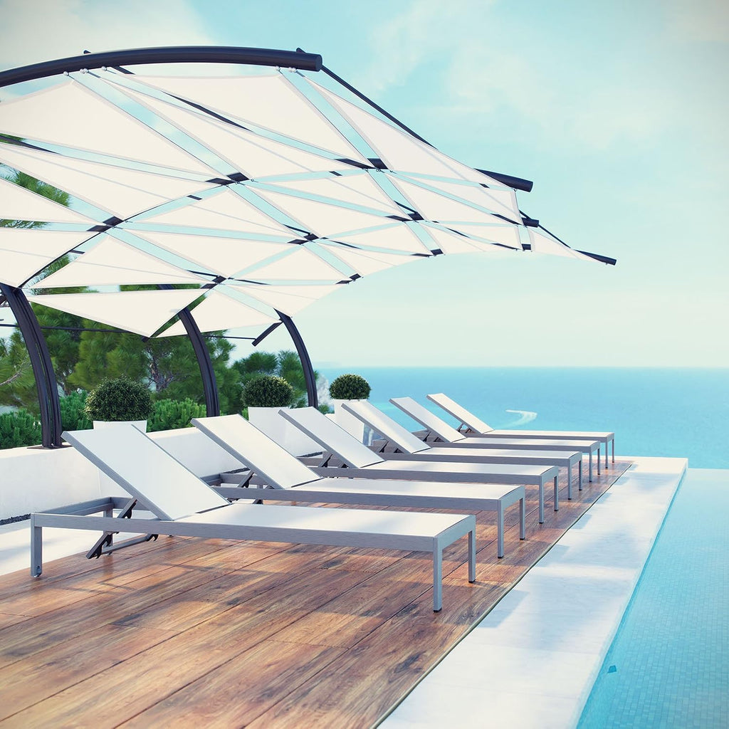 Shore Aluminum Textilene Mesh Outdoor Patio Six Poolside Chaise Lounge Chairs in Silver White