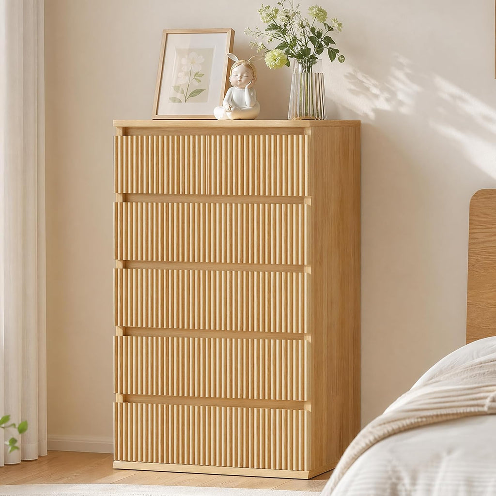 Fluted 6 Drawer Dresser , Modern Wood Chest of Drawers, Tall Storage Dresser with Deep Drawers, Handleless