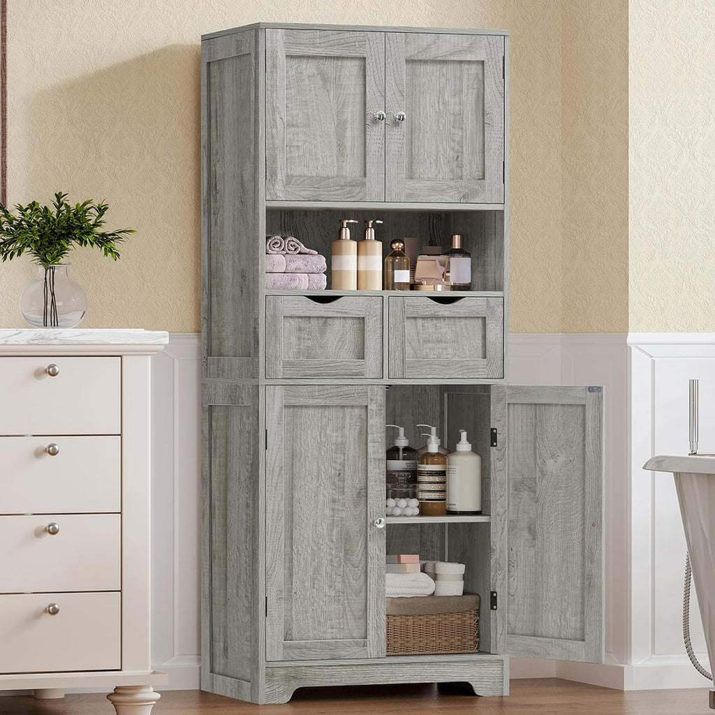 57.8" H Tall Storage Cabinet with 2 Drawers & 2 Adjustable Shelves, Bathroom Storage Cabinet with 4 Doors, Floor