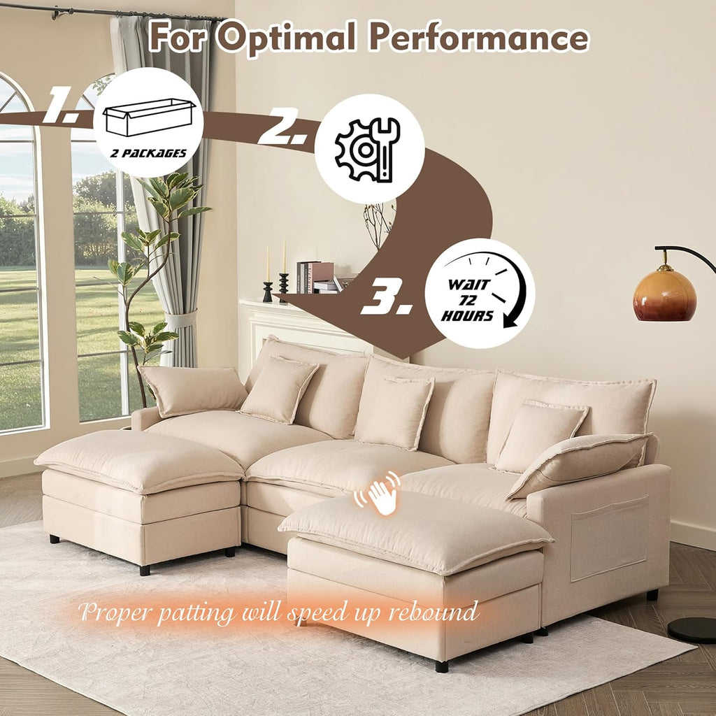 108" U-Shaped Modular Cloud Couch, Deep Seat, Linen Beige | Cloud Comfort, Couches , Removable & Machine-Washable