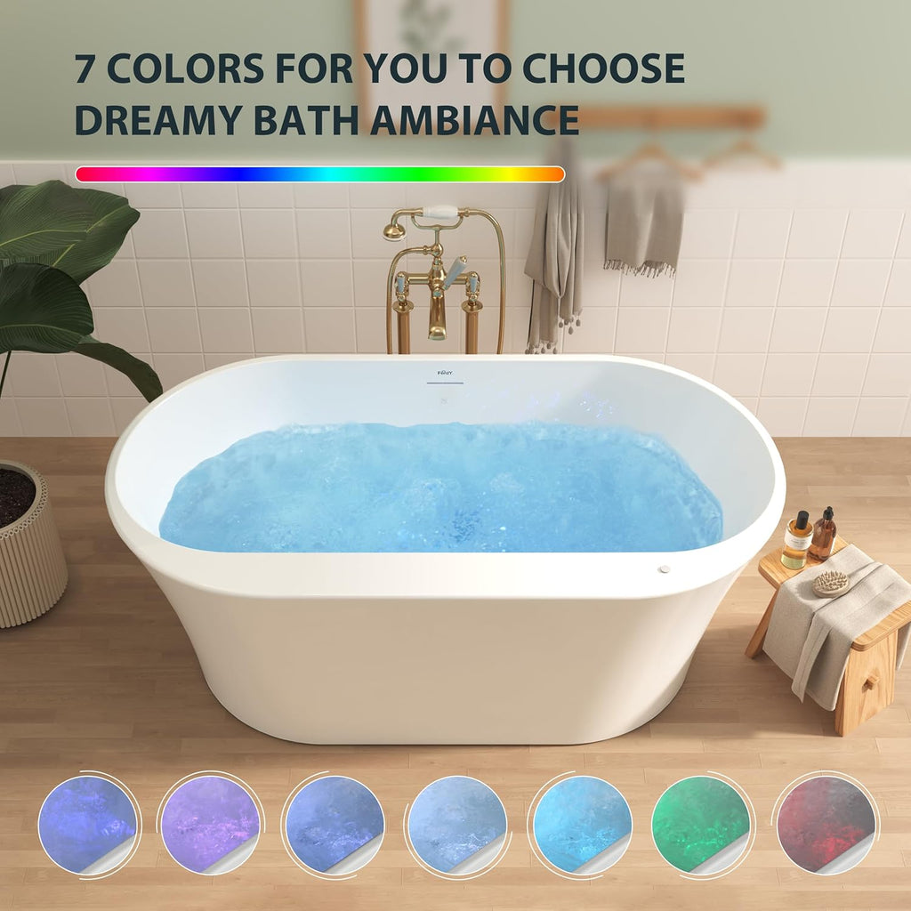 Mauritius 59 Inch Acrylic Freestanding Whirlpool Bathtub, Oval with 8 Air Water SPA Jets Morden White Stand Alone