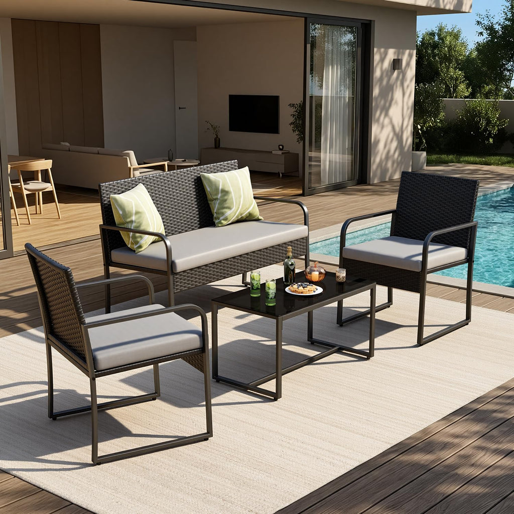4 Piece Patio Furniture Set, Cushion-Grey