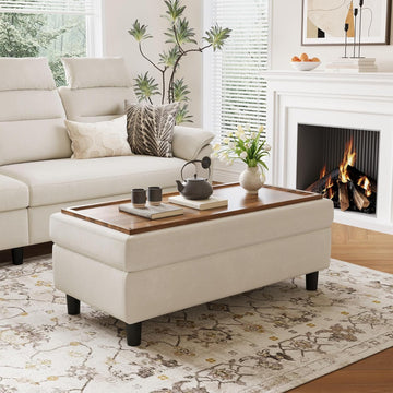 46 Inches Wide Storage Ottoman Bench, Linen Coffee Table Folding Long Shoes Bench Footstool, Storage Chest, Foot Rest