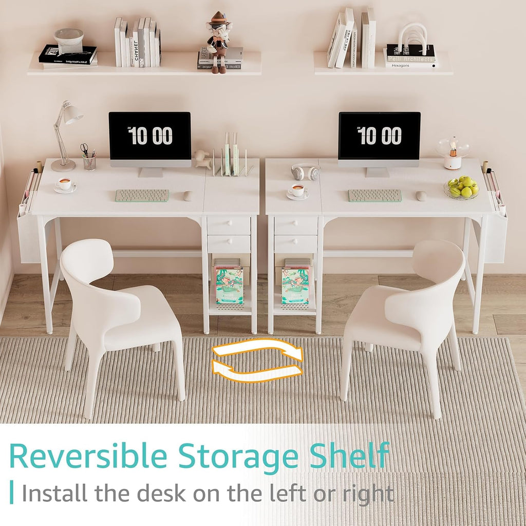 White Small Desk with Drawers - 40 Inch Computer Desk for Small Space Home Office