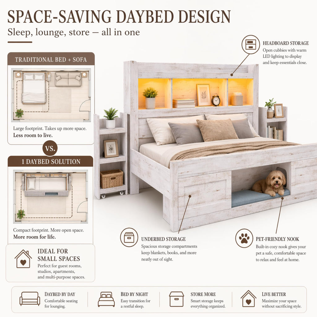 Twin Daybed with Storage Headboard & Hidden Bedside Racks, White