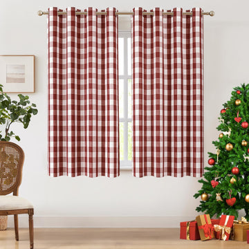 Red White Gingham Buffalo Plaid Grommet Curtains 63 Inch Length