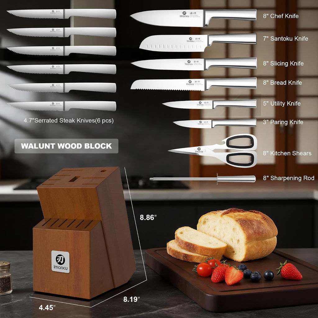 Knife Set - Kitchen Knife Set 15 Pieces Japanese Stainless Steel Knife Block Set with Sharpener - Dishwasher Safe