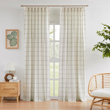Sage Green Plaid Linen Pinch Pleated Semi Sheer Curtains Checkered Light Filtering Window Panels for Living Room Bedroom Rustic Pleat Drapes with Back Tab Hooks 40"W x 2 Panels