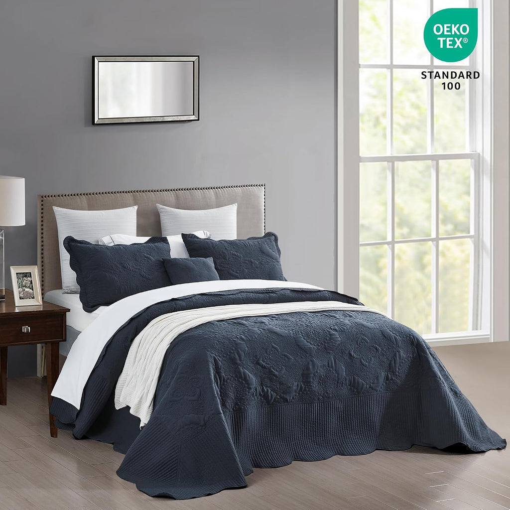 Oversized King Bedspread 128x120 Extra Wide, Stitched Damask Quilt Set King/Cal King, Lightweight Reversible
