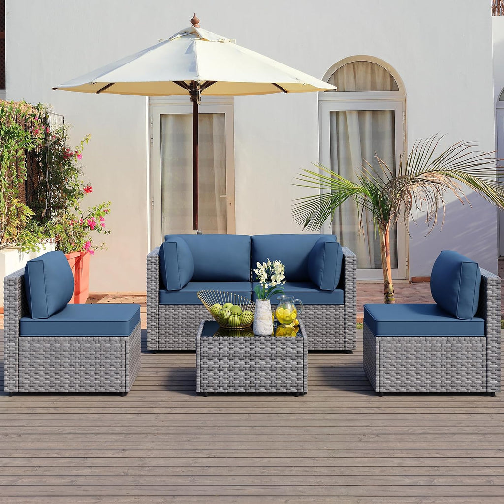 5 Piece Outdoor Sectional Sofa Set, All-Weather Wicker Rattan Patio Conversation Set - Gray & Aegean Blue