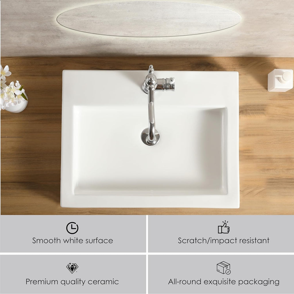 24 x18 Inch Rectangular White Bathroom Vessel Sink