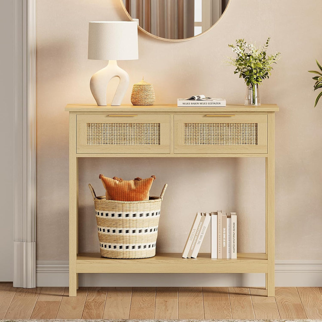 Farmhouse Rattan Console Table with 2 Drawers 2 Tier Boho Narrow Long Sofa Table Natural with Open Storage Shelf Wood