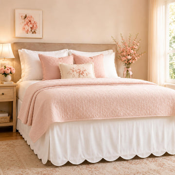 Queen Bed Skirt, White Scalloped 14 Inch Drop with Split Corners