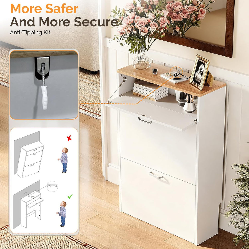 Shoe Cabinet Storage Ultra Slim with 2 Flip &1Drop-Down Drawers, 24.8" W Narrow Shoe Cabinet for Front Door