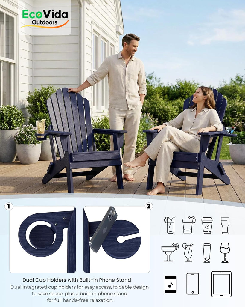 HDPE Folding Adirondack Chairs Set of 2 with Table, Navy | 3-Piece HDPE Patio Furniture Set, All Weather Fire Pit