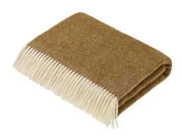Wool Plaid Throw Blanket, Pure New Wool, Herringbone Gold, Made in UK