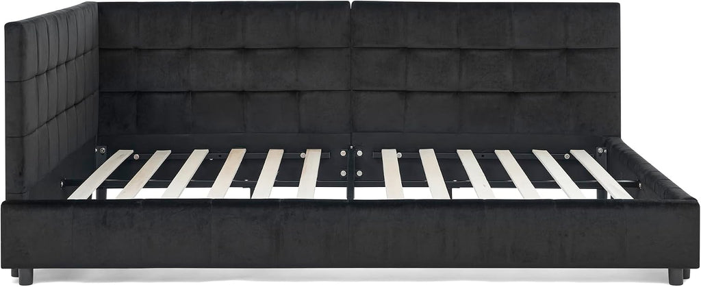 Queen Size Upholstered Daybed, Queen Corner Bed with L Shaped Headboard, Velvet Day Bed Floor Bed Frame Guest Room