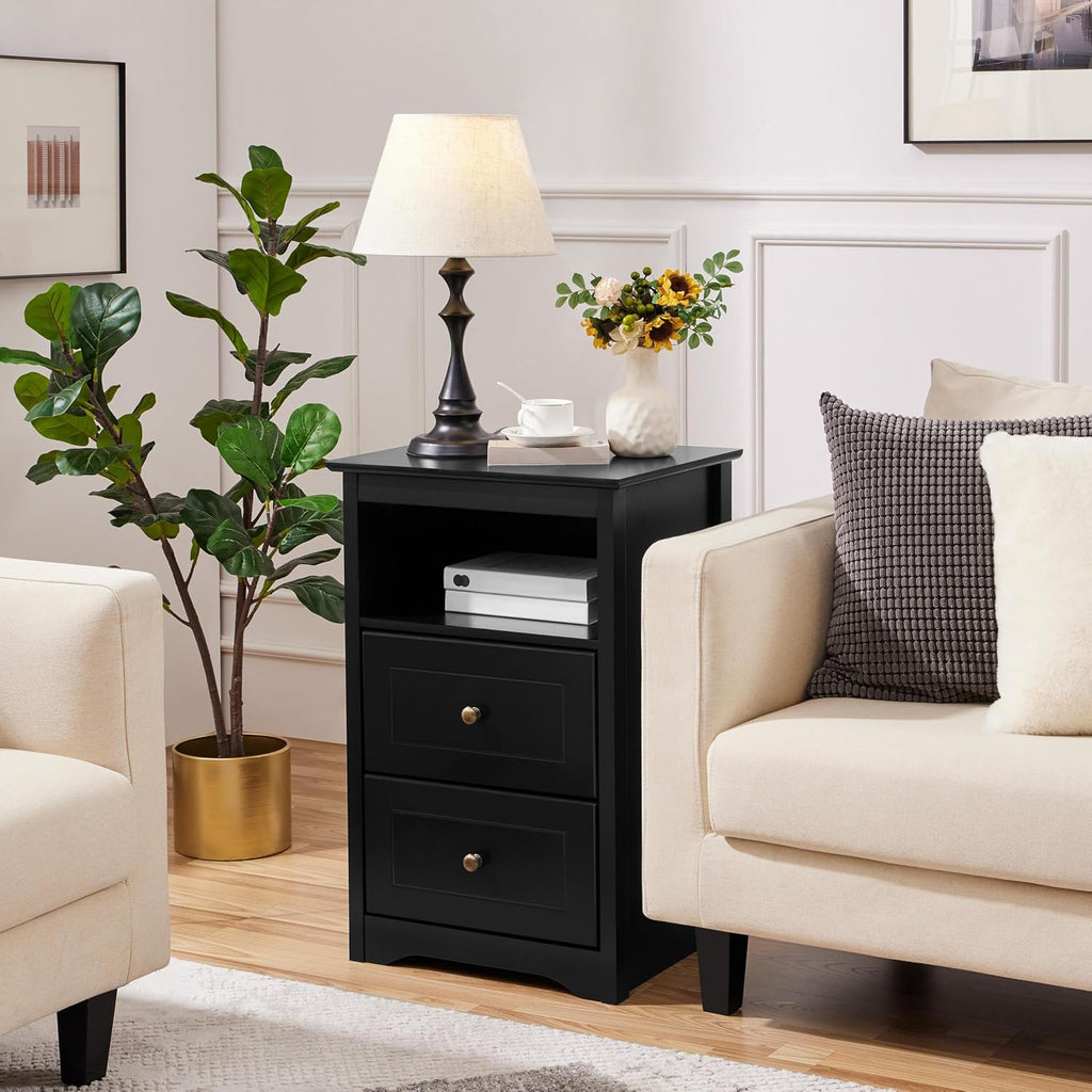 Nightstand Set of 2, Wooden Bedside Tables with 2 Drawer and Cubby, 2Pcs Tall Nightstand Small Space, Bedside Cabinet