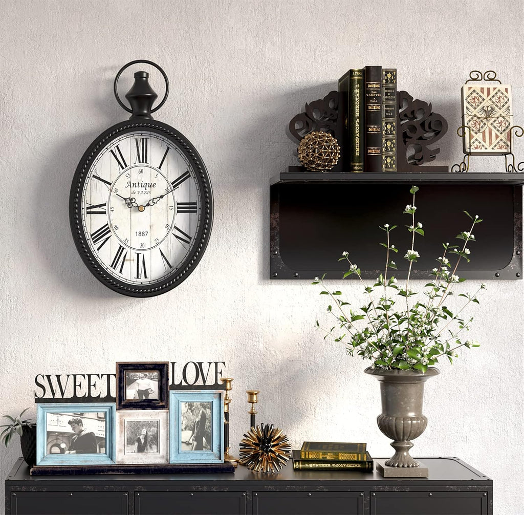Menterry Small Retro Oval Wall Clock, Antique Old Design, Black Vintage Style