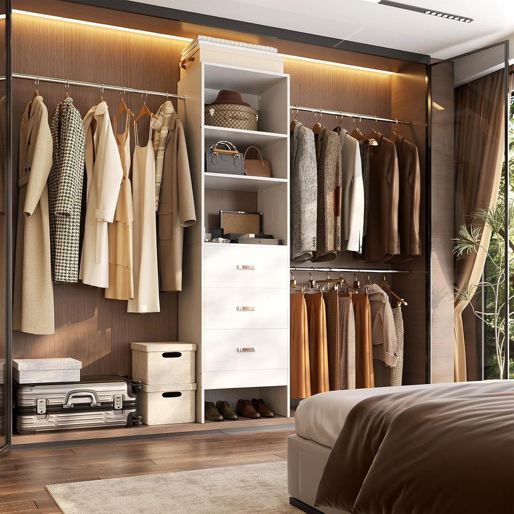96'' Closet Organizer System with 3 Hanging Rods, 8FT Closet Organizers and Storage with 3 Wooden Drawers, Built in