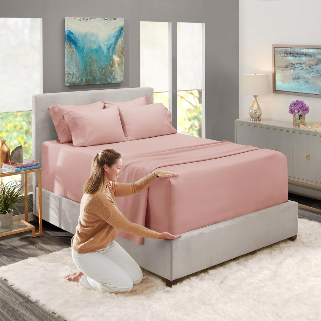 Extra Deep Pocket Sheet Sets, Luxury Soft 6 Piece Bed Sheet Set Fits Mattress 18-24 Inches - Queen, Peach Beige
