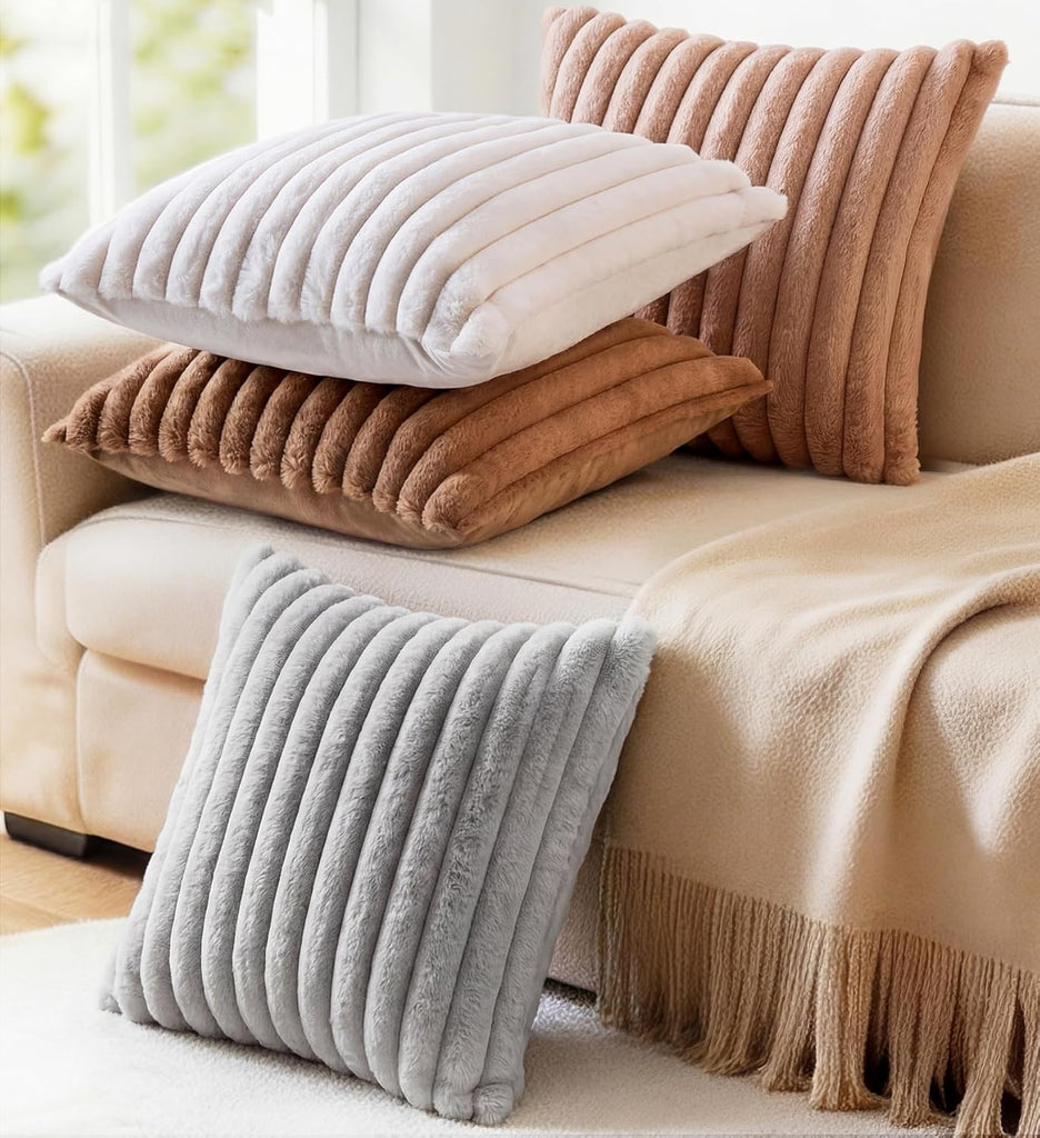 Pack of 2 Throw Pillow Covers 18x18 Decorative Solid Plush Faux Fur with Soft Velvet Back, Square Striped Cushion
