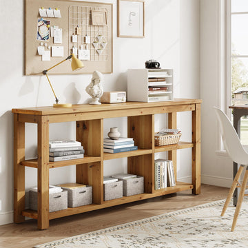Solid Wood Horizontal Bookcase with Adjustable Shelves, 6 Cubes Storage Organizer Long Bookshelf, Farmhouse Low Cubby