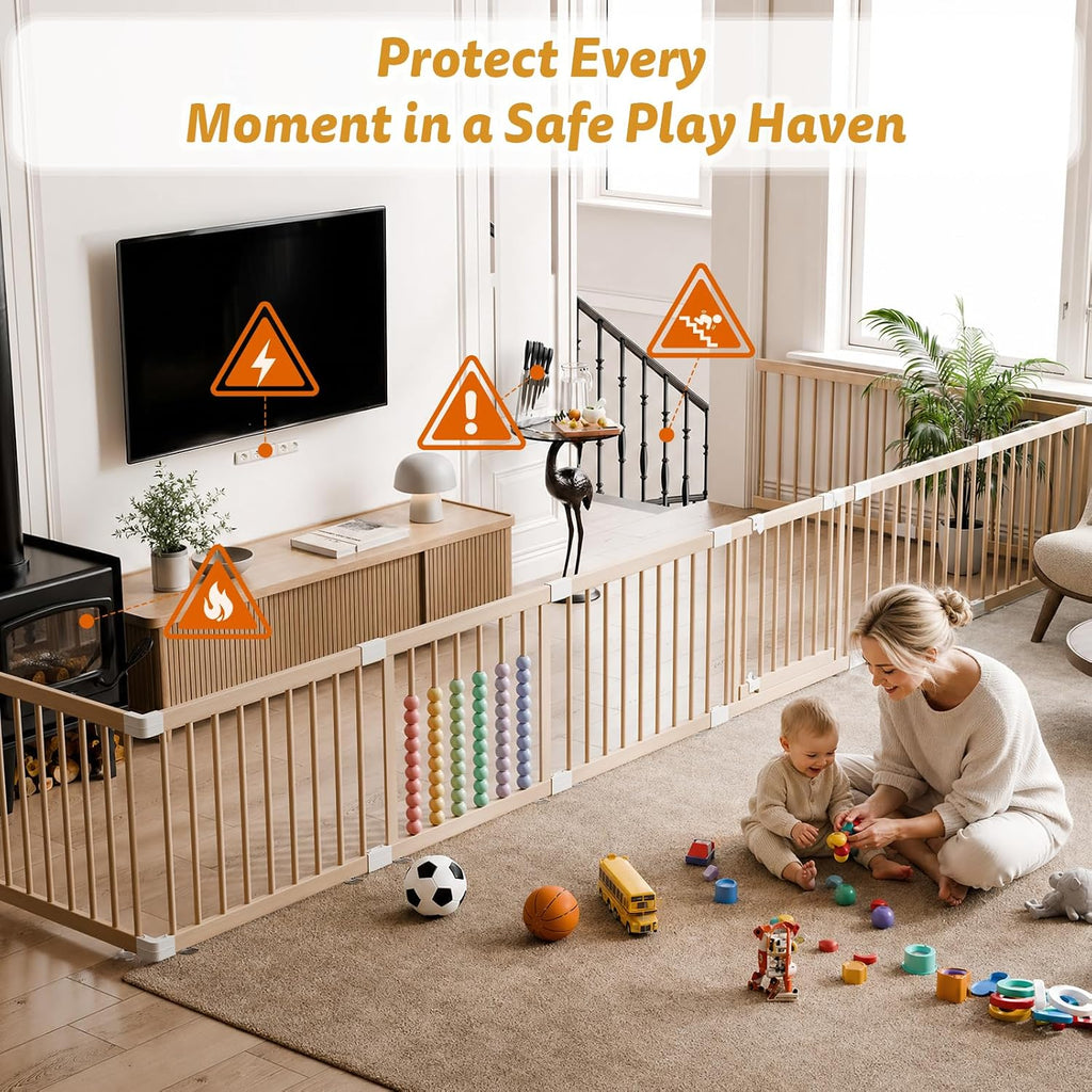 Wooden Baby Playpen, 12 Panels Fence for Babies and Toddlers 83"×83" | Size Adjustable Baby Play Yard with Locking