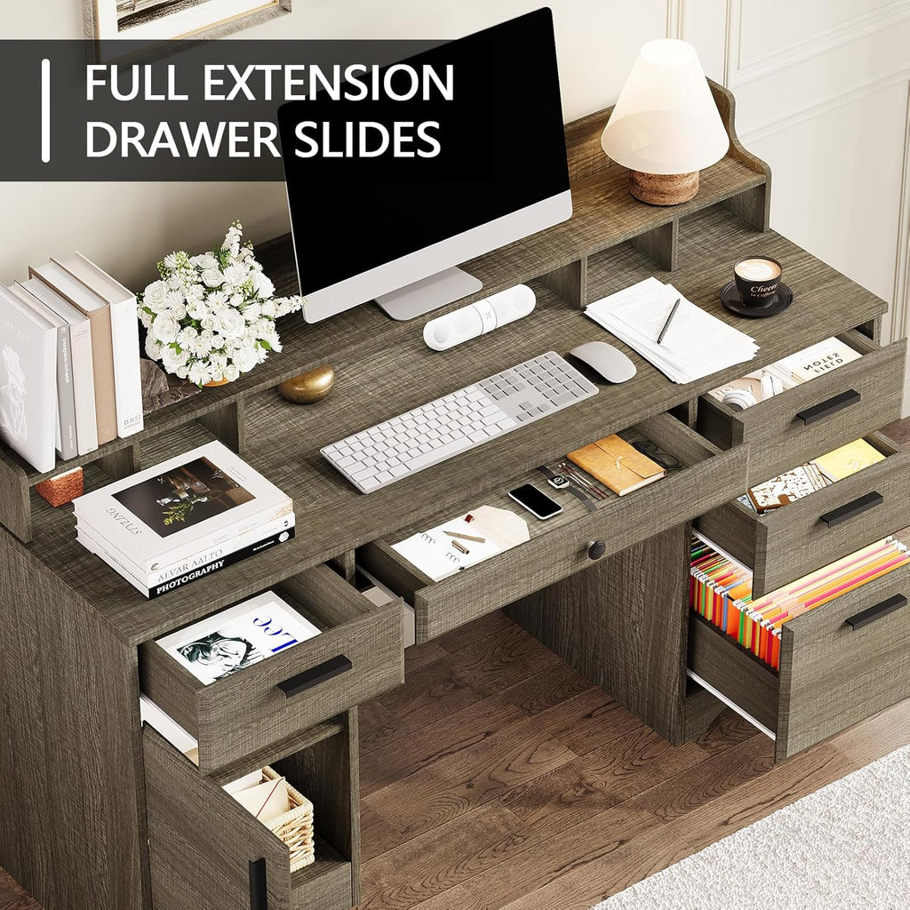 58 Inch Executive Desk with File Drawers, Computer Desk with Storage, Rustic Desk with Adjustable Shelves