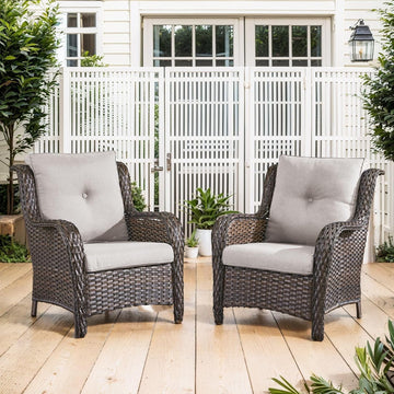 High Back Patio Chairs Set of 2 - Brown Wicker Outdoor Seating