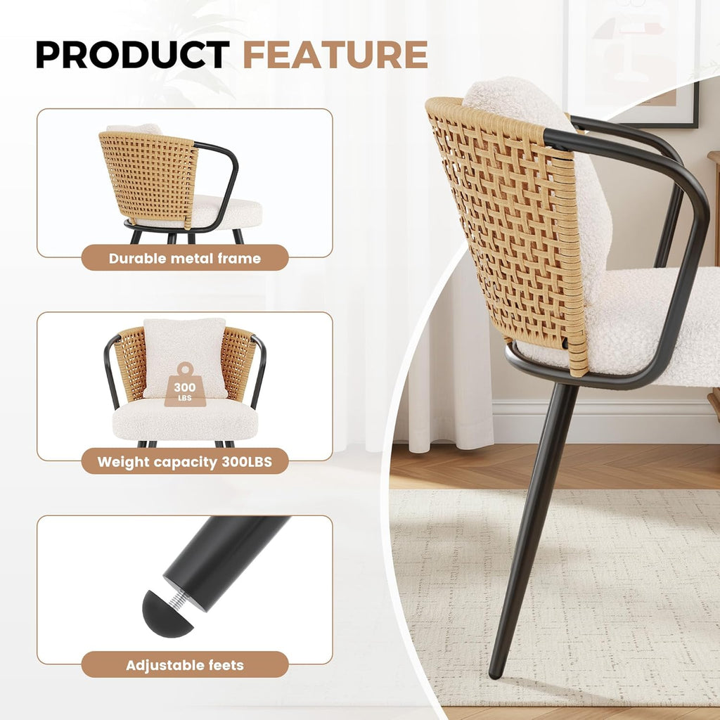 Rattan Dining Chairs Set of 4, Modern Upholstered Kitchen Chair with Metal Legs, Ergonomic Curved Backrest, Mid