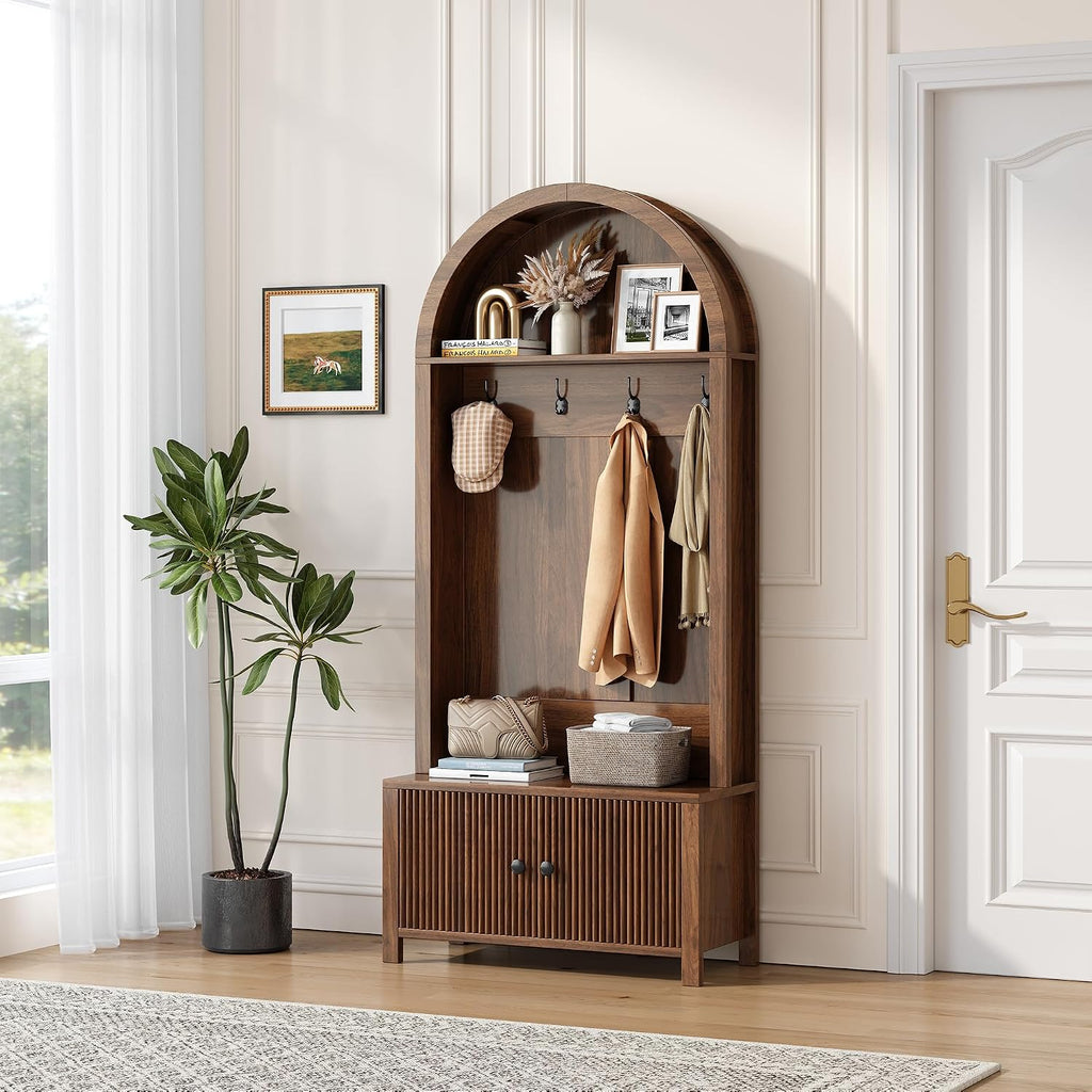 Hall Tree with Bench and Shoe Storage, 4-in-1 Mudroom Entryway Coat Rack & Shoe Storage Cabinet with 4 Hooks