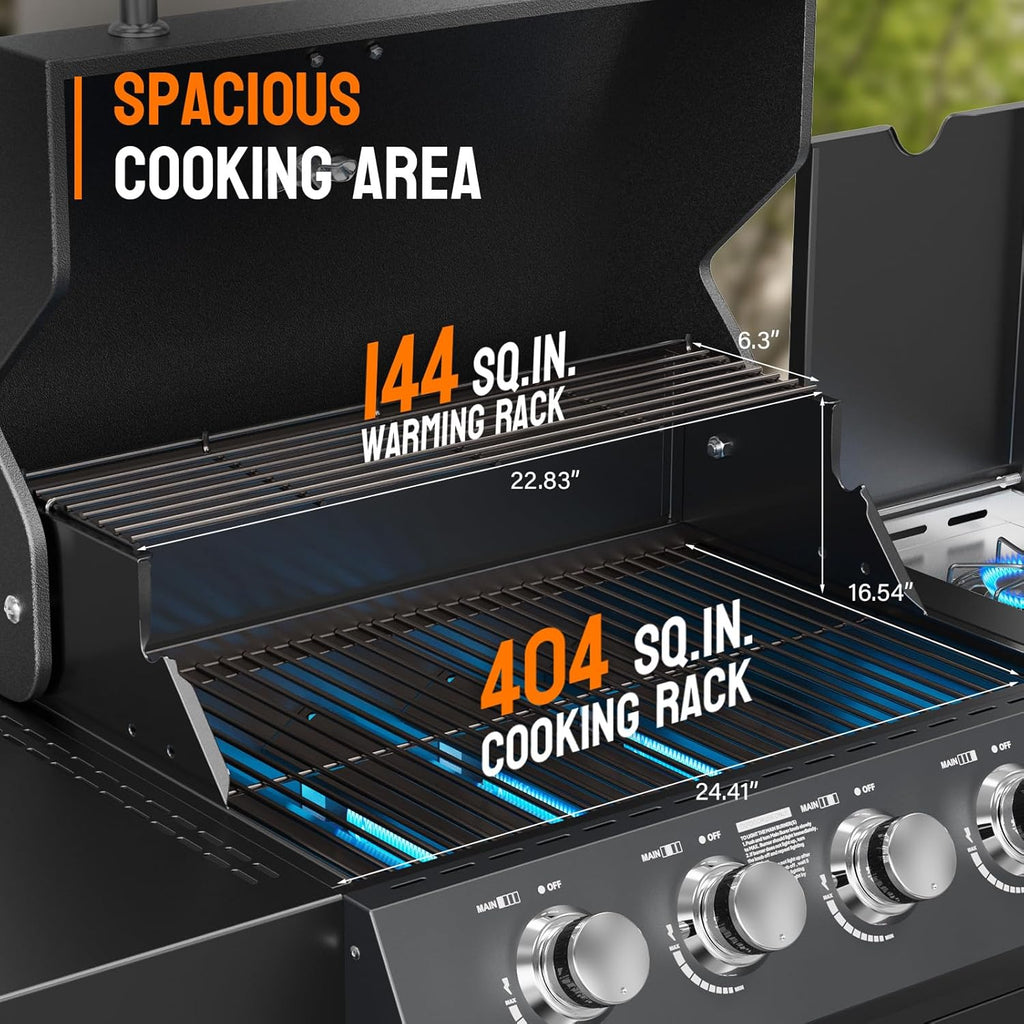 4-Burner Propane Gas Grill with Side Burner, 58,000 BTU BBQ Grill with Enameled Cast Iron Grates, Cabinet and Shelf for Patio and Backyard