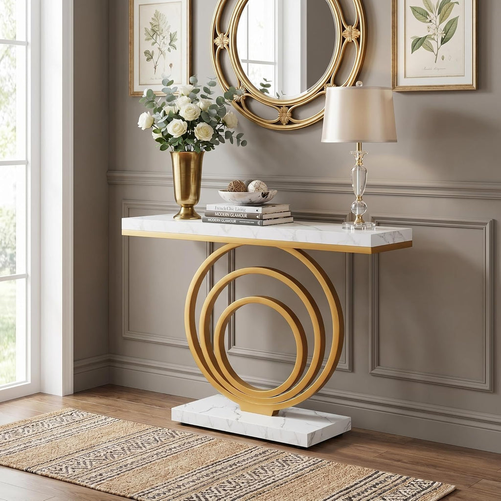41-Inch Gold Entryway Table, Modern Console Table Narrow Long, Contemporary Accent Table , Entrance, Faux Marble