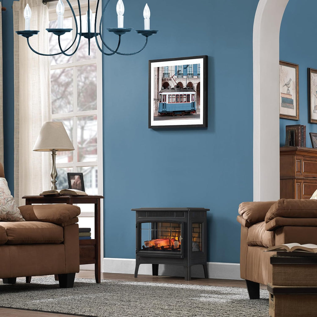 Freestanding Electric Fireplace Stove Heater with 3D Flame Effect, Infrared Space Heater for Rooms up to 1,000 Sq Ft, Black