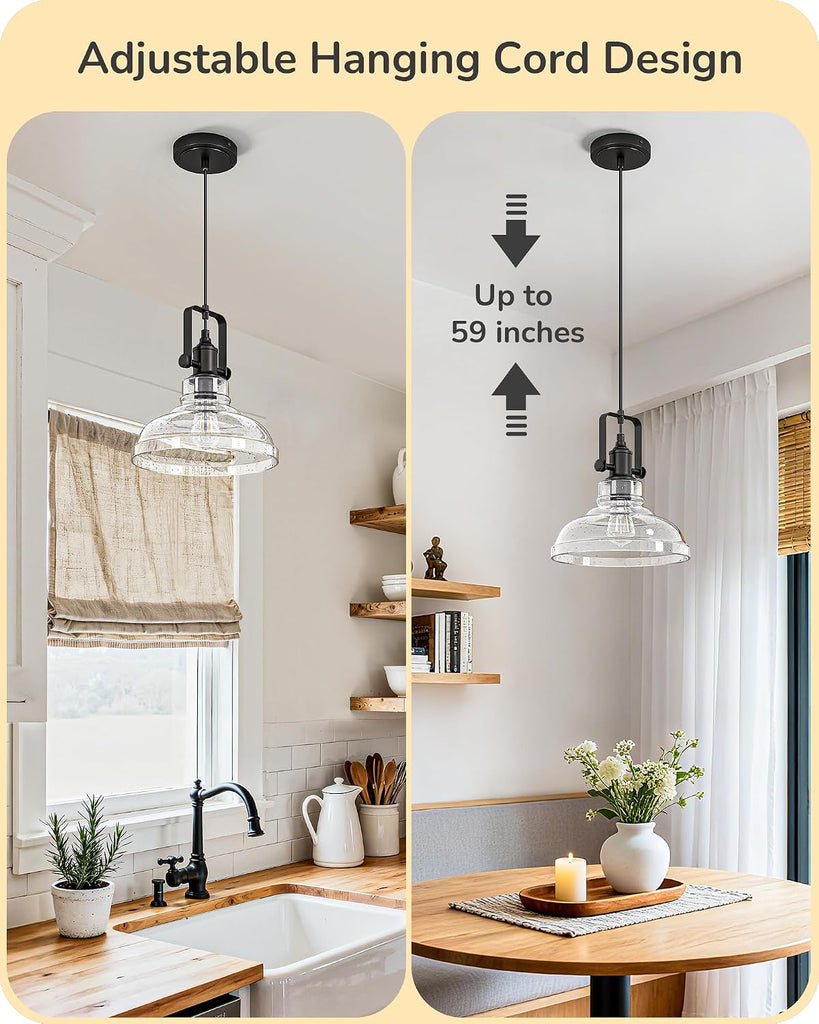 Farmhouse Pendant Lights Kitchen Island, Clear Seeded Glass Shade Hanging Light with Matte Black Finish, Modern