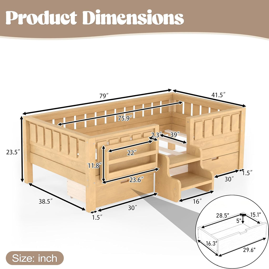 Twin Floor Bed with Stairs, Rails and Slats, Twin Size Montessori Floor Bed with Bookshelf and 2 Storage Drawers