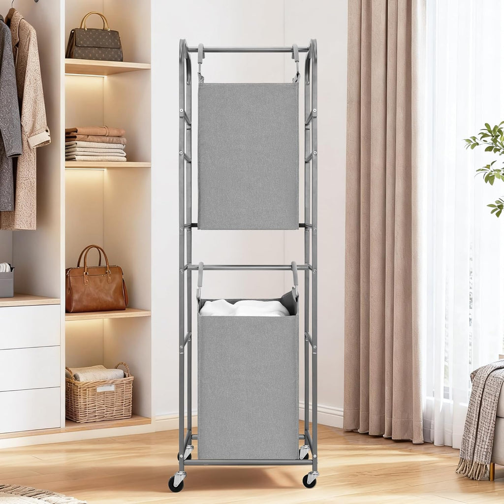2 Tier Vertical Laundry Hamper, 2 Section Laundry Sorter with 2 Removable Tote Bags, Rolling Clothes Basket for