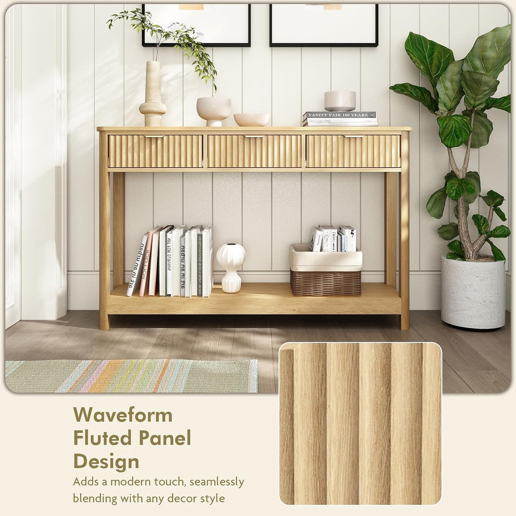 Fluted Console Table with Drawers, Modern 47.1" Entryway Table with Storage Shelf, Boho Narrow Skinny Behind Couch