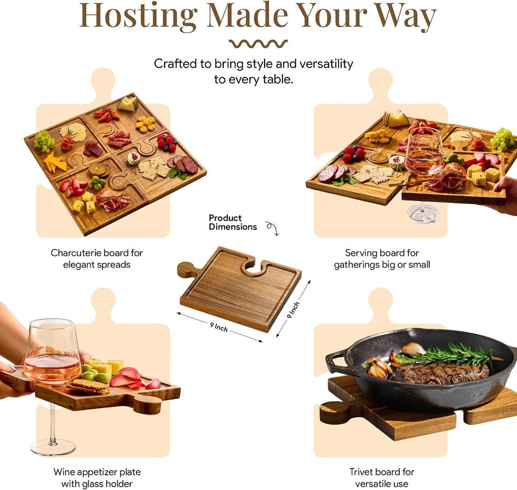 Wooden Charcuterie Boards, Appetizer Tray for Parties & Cutting Board with Handle, Set of 4, Acacia Wood Board, Wine