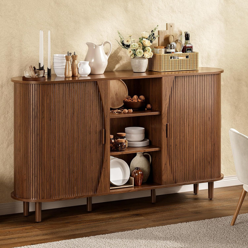 59" Curved Buffet Cabinet with Storage, Sideboard Cabinet with Adjustable Shelves, Mid-Century Modern Buffet Cabinet