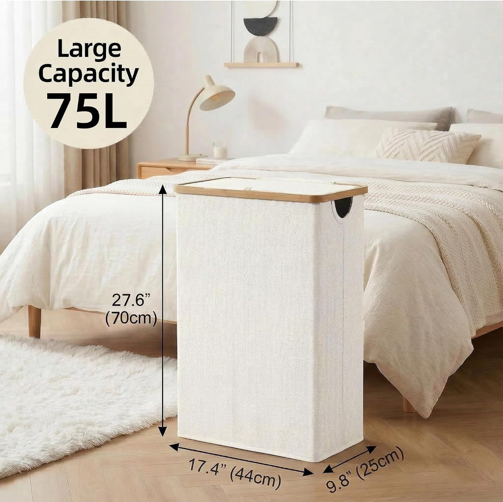 Slim Laundry Basket with Lid, Narrow Laundry Hamper with Removable Bag, Skinny Dirty Clothes Basket with Bamboo