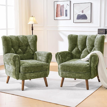 Chenille Wingback Accent Chairs Set of 2, Mid-Century Modern Living Room Armchair with Removable Cushions, High