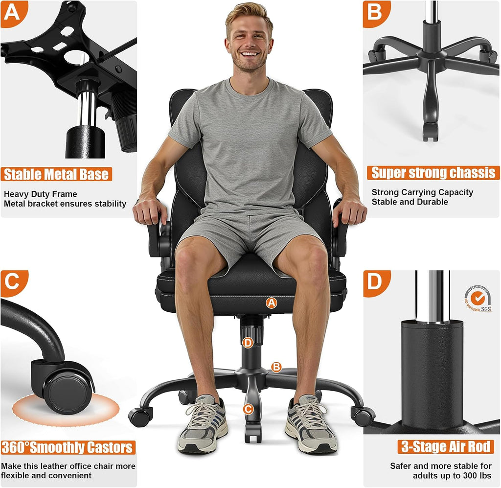 Ergonomic with Flip-Up Armrests, Mid Back Executive PU Leather Desk Chair, Height Adjustable with Lumbar Support